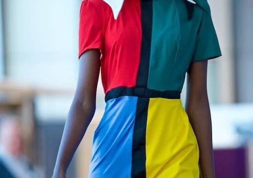 Fashion Show model in multi-coloured dress