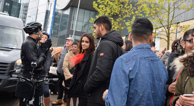 Group of students stood outside Sandwell College campus meeting members of the Children in Need team