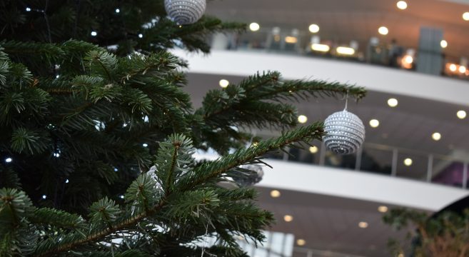 Close-up photo of a Christmas tree inside the Sandwell College atrium