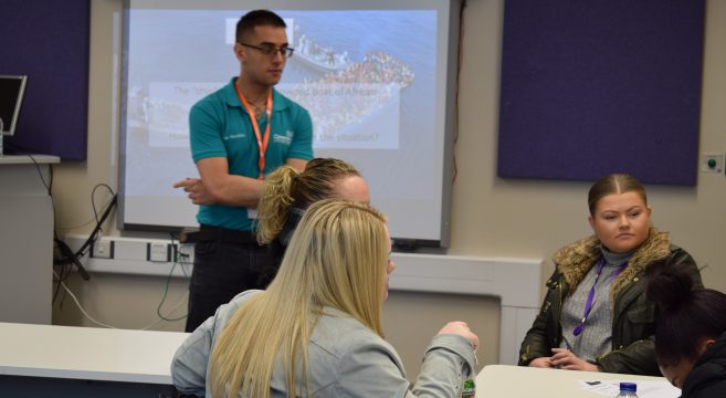 Coventry University Disaster Management lecturer delivering presentation to Sandwell College Healthcare students