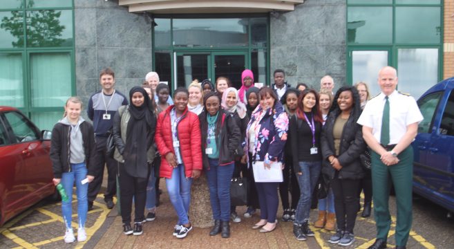 Students pictured outside Ambulance Centre