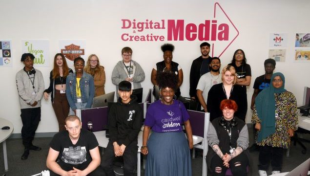 Digital Media students with Charlene Carter-James from Caudwell Children