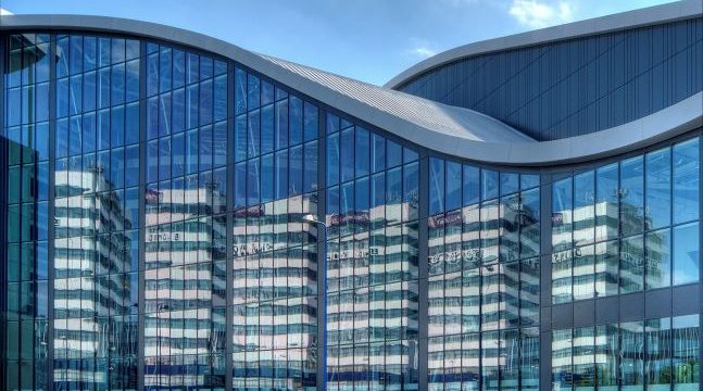 Reflections on windows of Sandwell College building