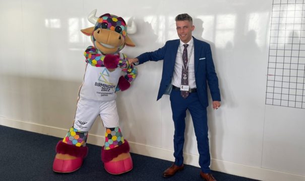 Former apprentice Terry Baker with Commonwealth Games mascot Perry
