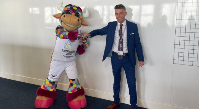 Former apprentice Terry Baker with Commonwealth Games mascot Perry