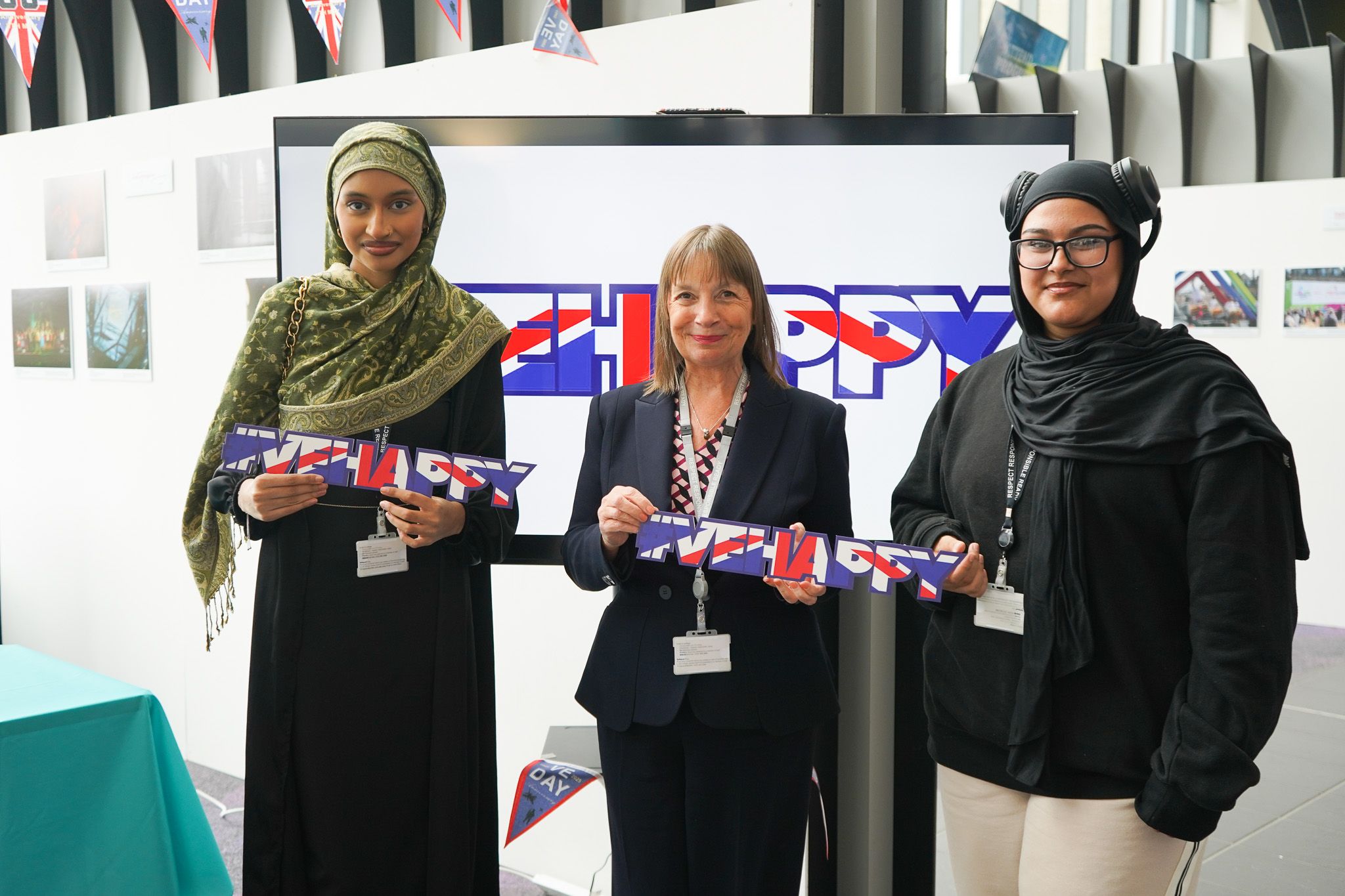 Lisa Capper MBE with students and staff at VE Day Celebration