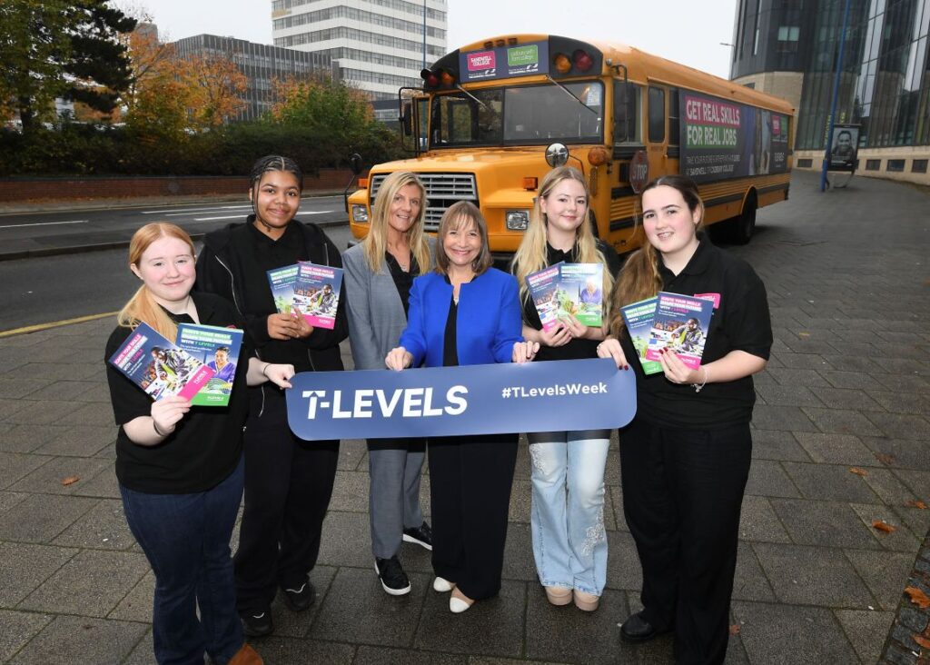 T Level Roadshow - Bus and Students (Lisa Capper MBE and Jane Bissell) red