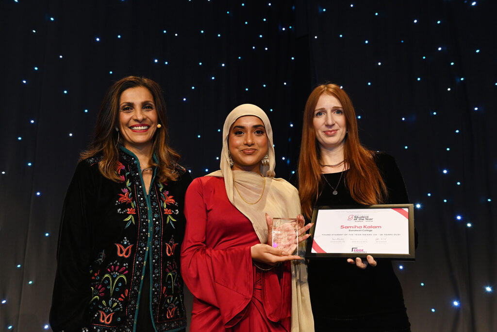 AoC Student of the Year Samiha Kalam holding her award with presenter Sameena Ali Khan and a representative from Edge