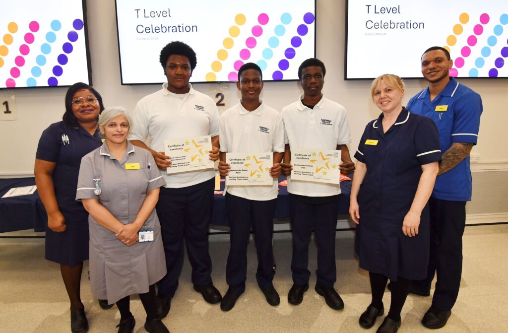 T Level Health students with nursing education team