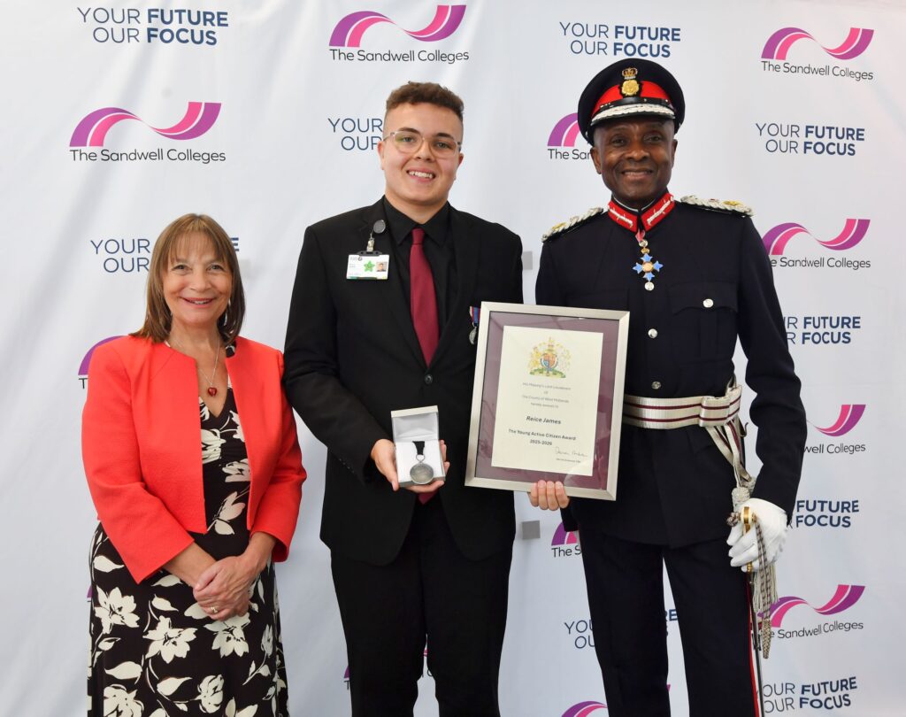 Public Services student presented with his award by Lord Lieutenant, with college principal